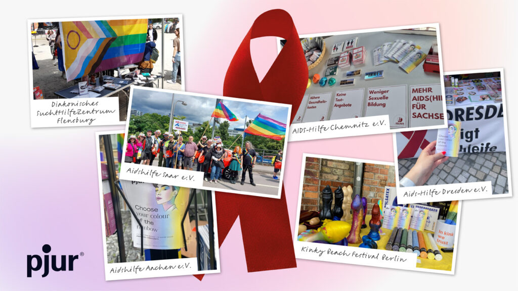 Pride event collage with pjur and AIDS service organizations distributing Sachet Cards.