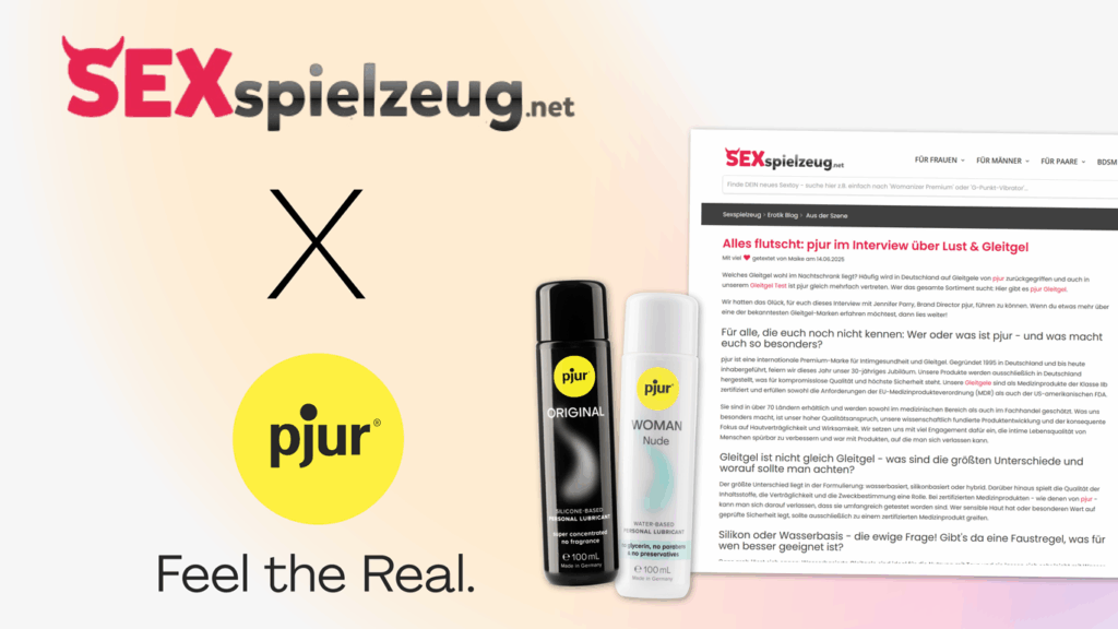 Logos of sexspielzeug.net and pjur, lubricants, interview screenshot